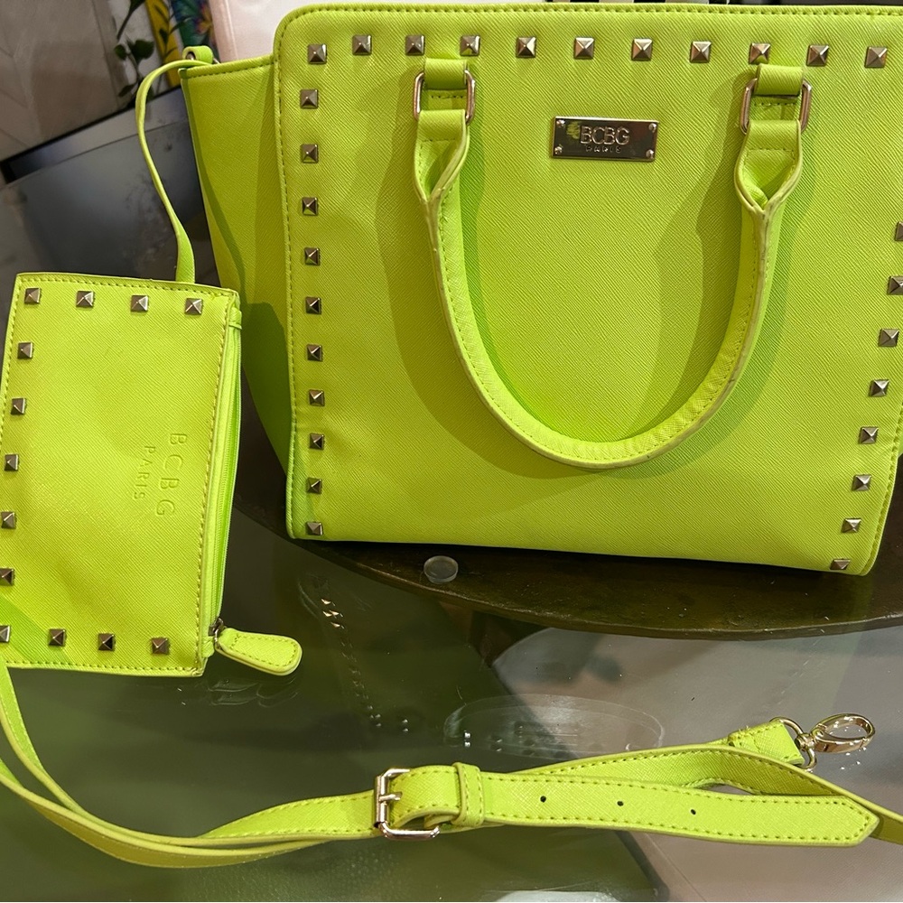 BCBG Neon Green Studded Satchel and Wallet Set